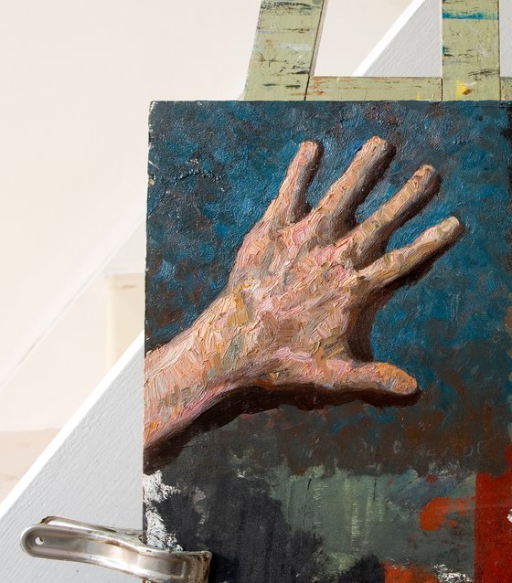 rough expressionist hands on blue background
