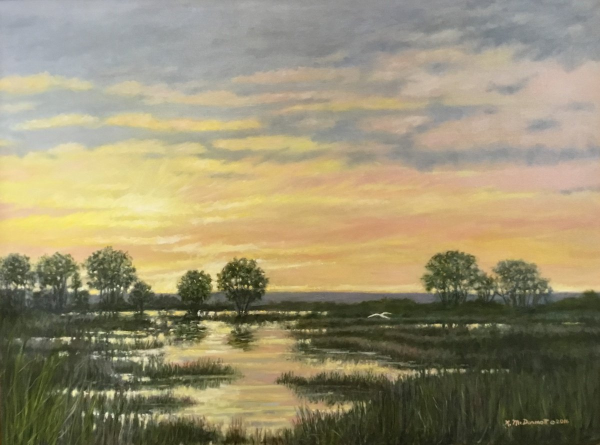 Impressionistic Landscape Oil Painting By Kathleen Mcdermott, 43 X 33", Marsh At Sunset - 30X40 Oil, Original Artwork