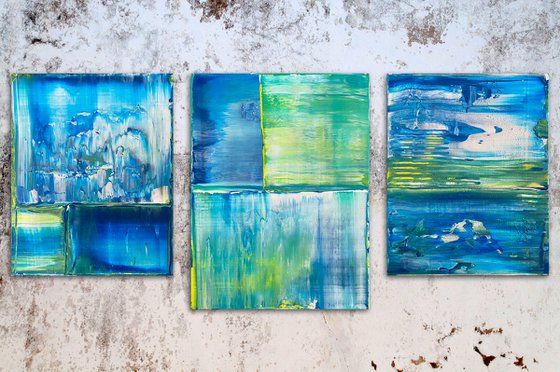 "Just Chillin" - Save As A Series - Original PMS Abstract Acrylic Painting Triptych On Canvas - 50" x 24"