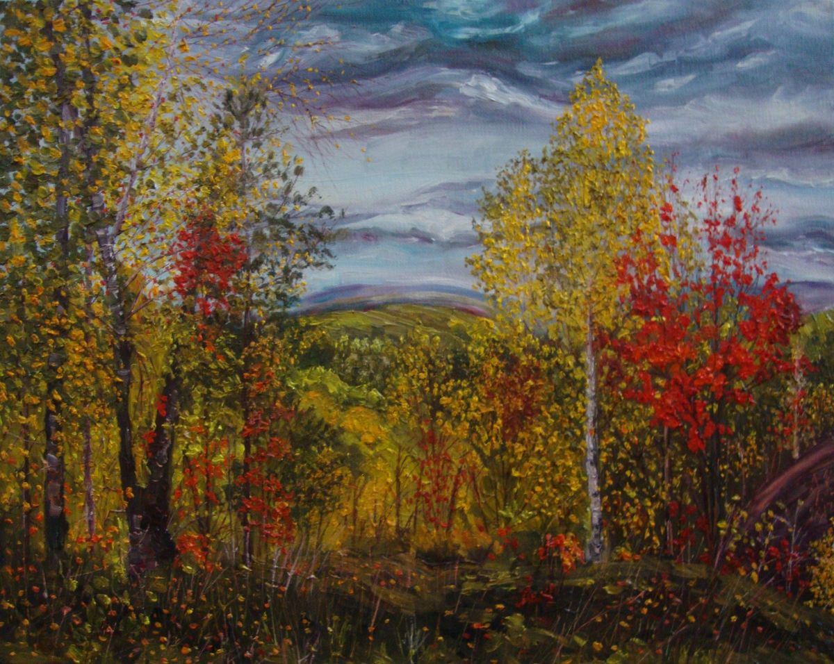 Impressionistic Landscape Oil Painting By Olga Knezevic, 20 X 16", November Sky, Original Artwork