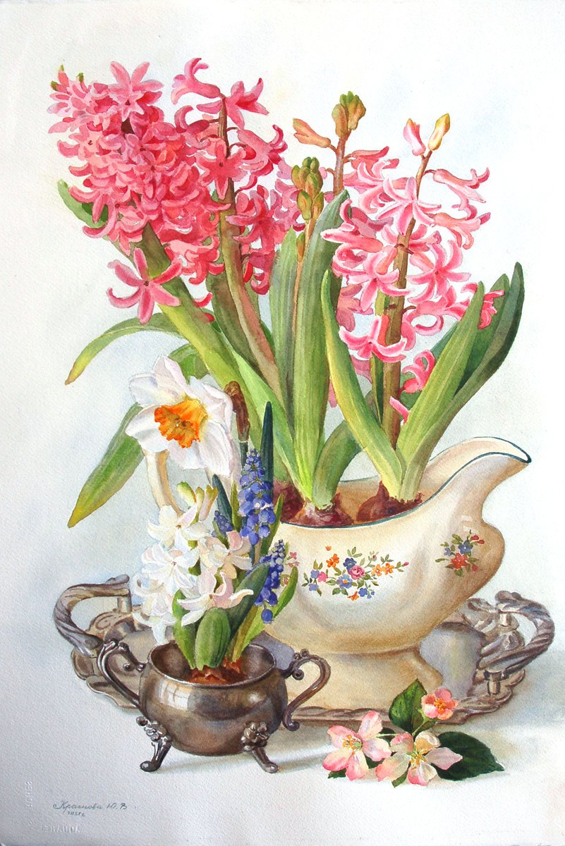 Photorealistic Still Life Watercolour By Yulia Krasnov, 15 X 22", Spring Flowers, Original Artwork
