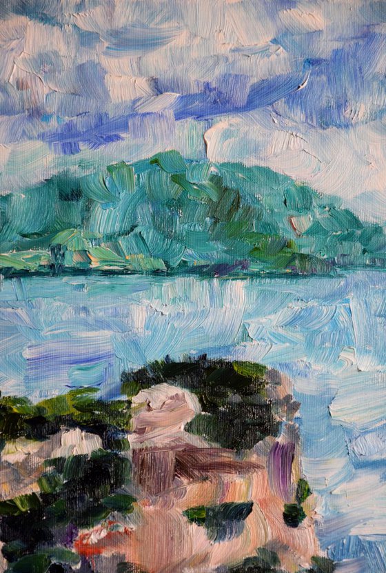 Greece island seascape large oil painting on canvas, monastery on mountain, coastal home decor