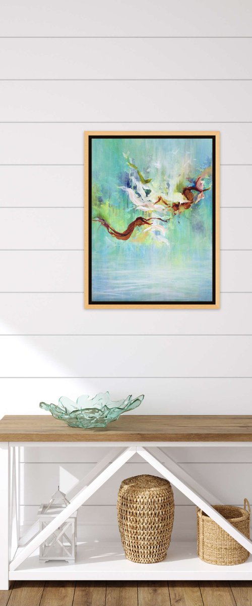 Abstract Forest Pond Painting. Floral Garden. Abstract Tropical Flowers and Birds. Original Blue Teal Green Painting on Canvas 46x61cm Modern Art by Sveta Osborne
