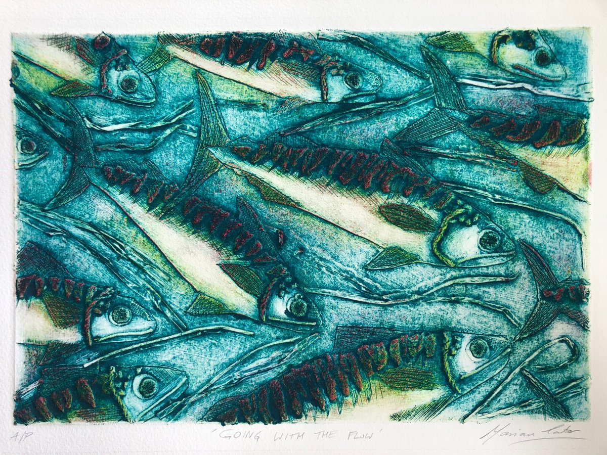 Illustrative Animal Limited Edition Print By Marian Carter, 22 X 15", Going With The Flow, Original Artwork