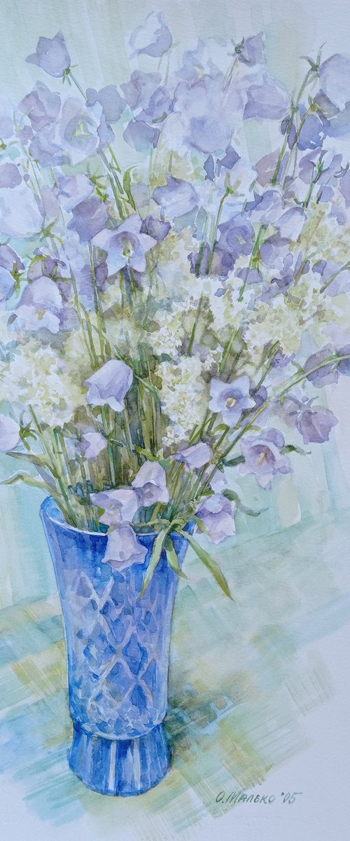 Bells in blue vase / ORIGINAL watercolor 15x22 (38x56cm) by Olha Malko