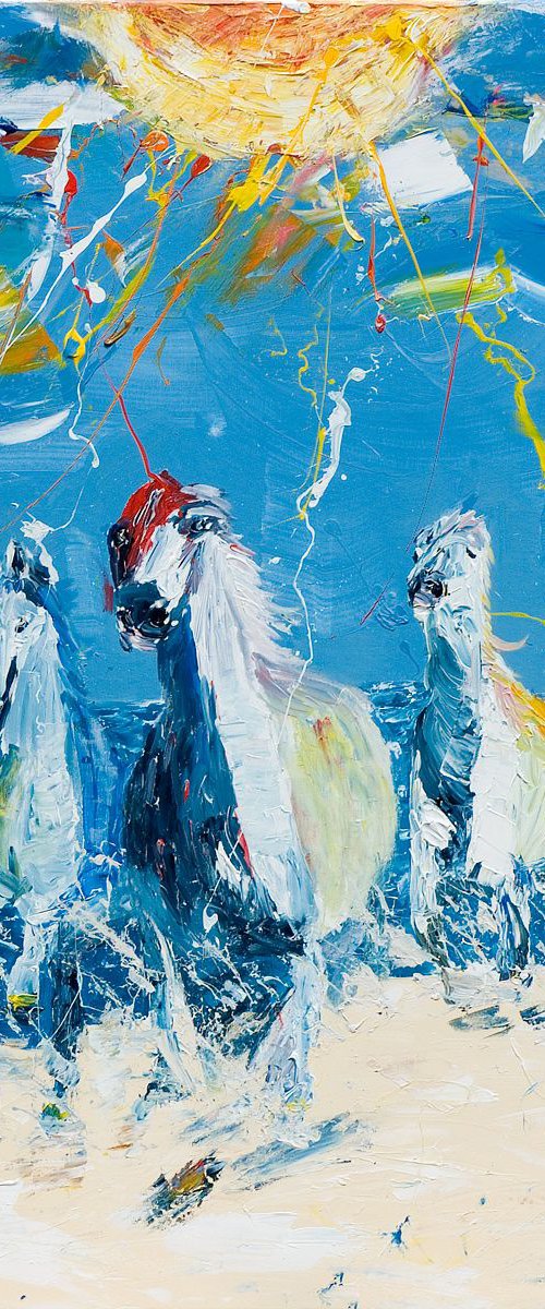 Horse painting - ON THE BEACH equine art 120 x 120 cm. 47.24"x 47.24' by Oswin Gesselli by Oswin Gesselli