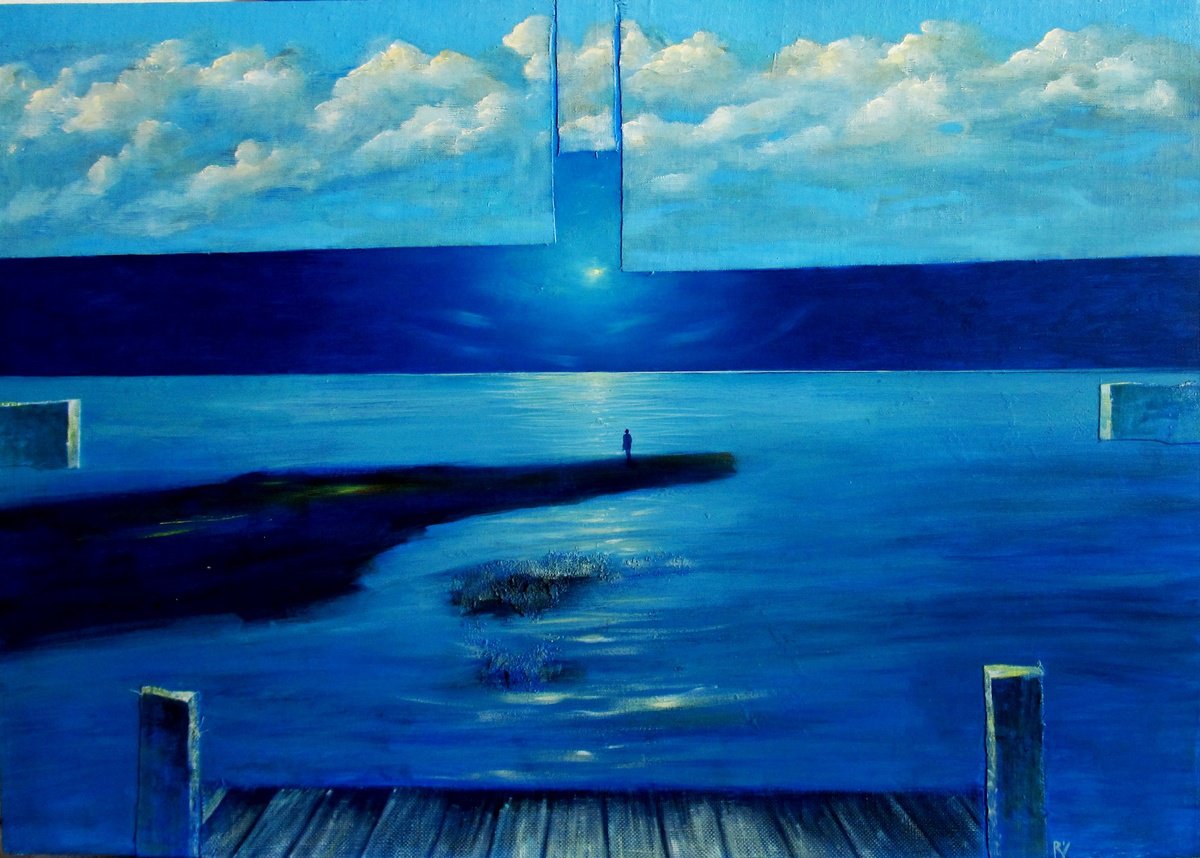 Surrealistic Landscape Oil Painting By Serhiy Roy, 33 X 23", Day In The Middle Of The Night, Original Artwork