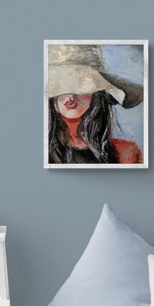 White hat. Woman Lips Portrait. Palette knife, Impasto. by Vita Schagen