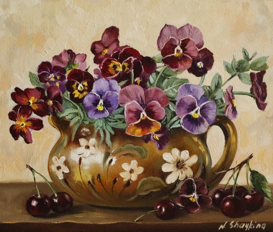 Pansies in Rustic Jug with Cherries