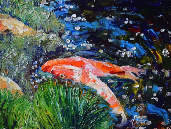 Golden fishes koi original oil painting on canvas, textured palette knife artwork