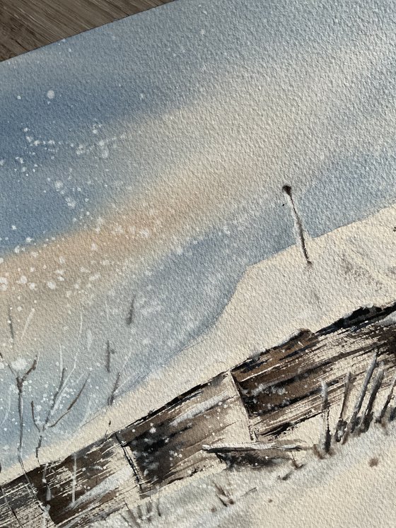 Winter in abandoned village, watercolour