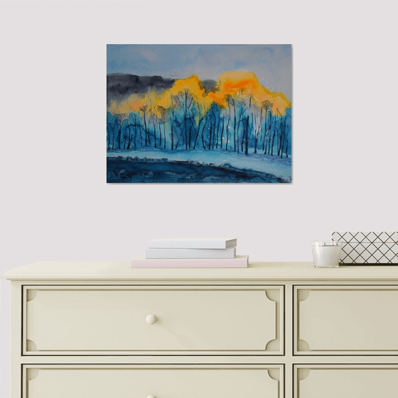 Norwegian watercolor painting Winter forest mountains, snowy fjords in sunset, frozen lake