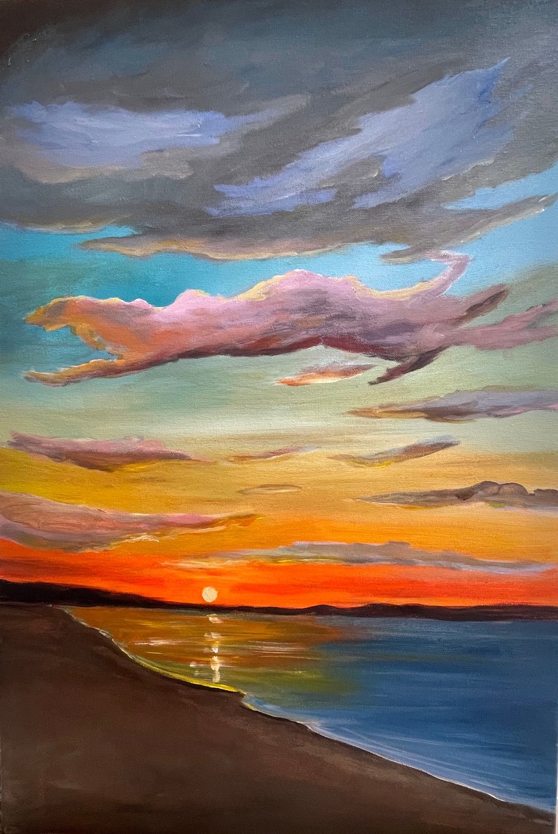 Impressionistic Landscape Acrylic Painting By Aisha Haider, 20 X 30, Sunset Beneath The Clouds, Original Artwork