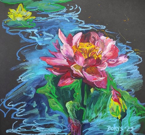 Austrian park in summer with pink and yellow lilies in a pond by Tetiana Borys