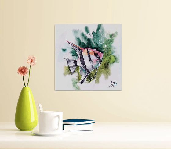"Striped scalar fish in water" fantasy original watercolor artwork