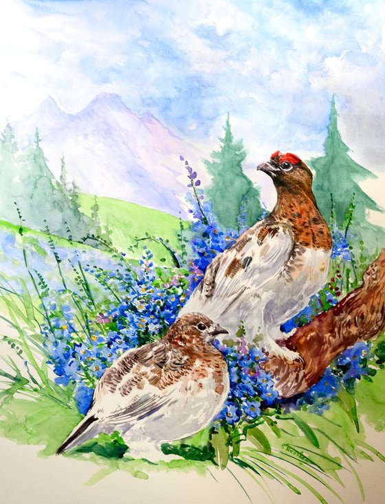 Alaska State Bird and Flower, Willow Ptarmigan and Forget Me Nots