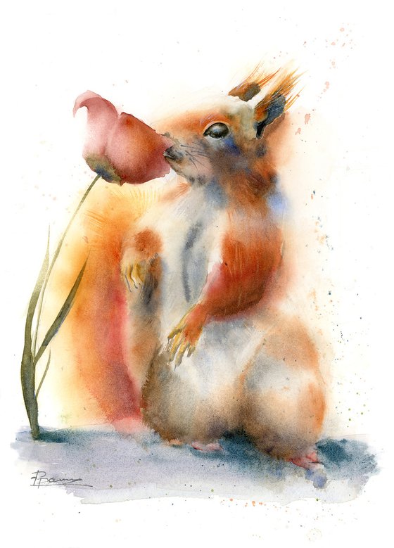 Squirrel smelling flower