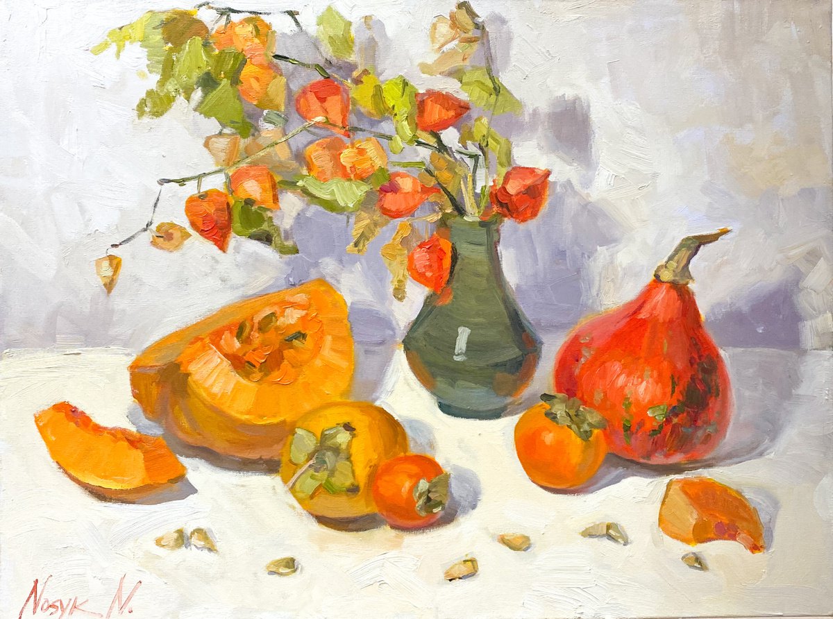 Physalis, persimmon and pumpkin | original oil artwork by Nataliia Nosyk
