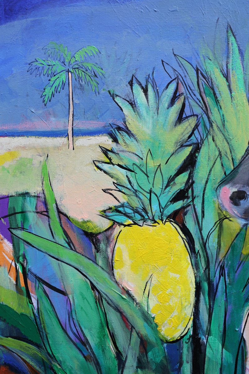 Expressive Animal Acrylic Painting By Artem Andreichuk, 45 X 33, Cows Looking For Pineapples, Original Artwork