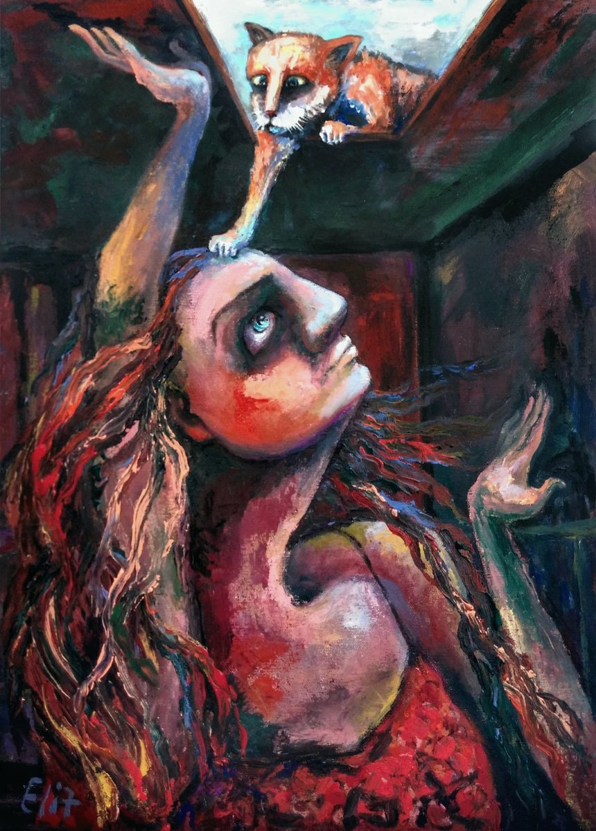 Expressive Portrait Acrylic Painting By Elisheva Nesis, 20 X 28, Annunciation, Original Artwork