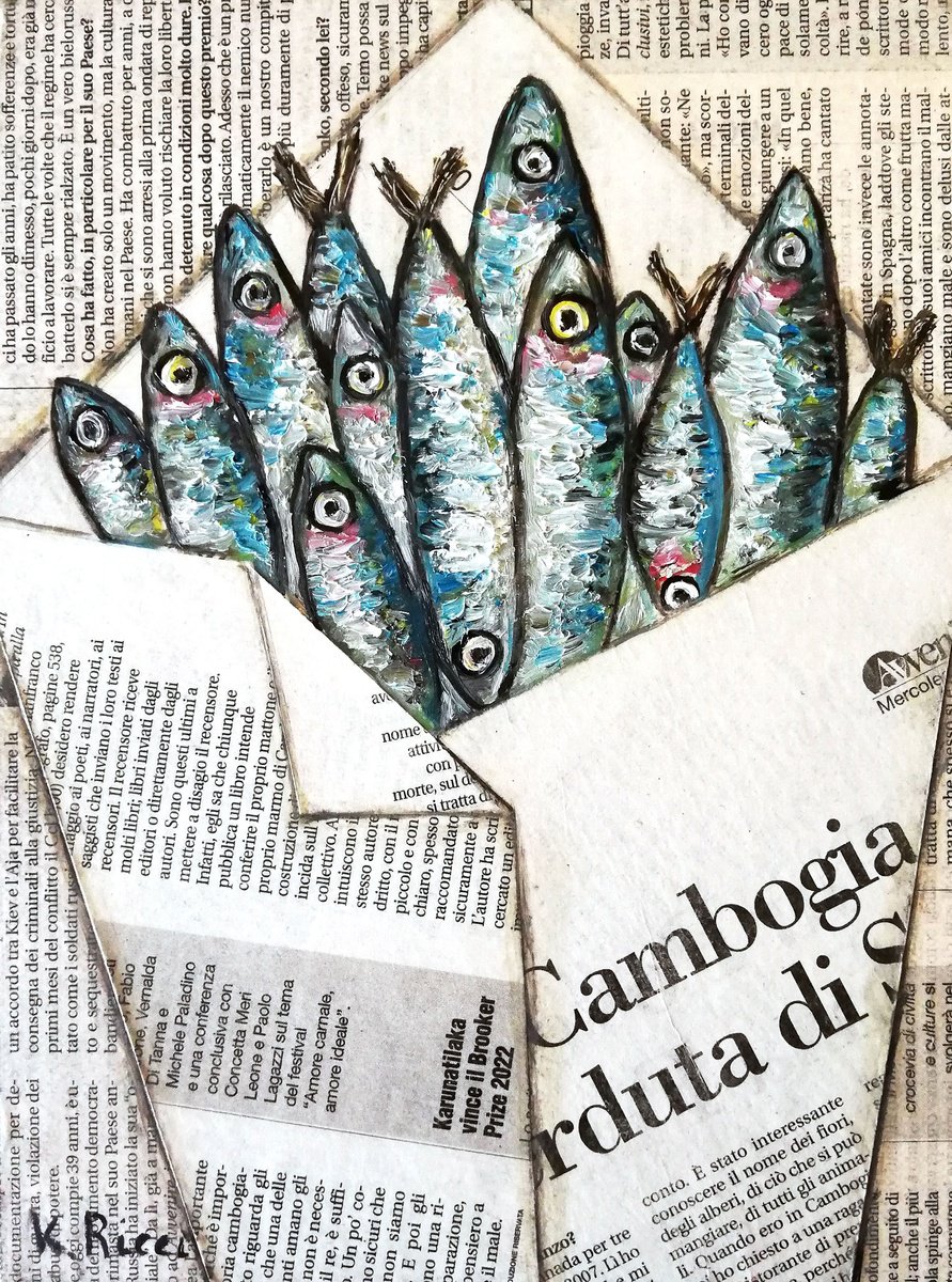 Fishes in Newspaper Bag Original Oil on Canvas Board Painting 7 by 10 inches (18x24 cm) by Katia Ricci