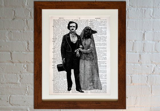 Edgar Allan Poe And Lady Raven - Collage Art Print on Large Real English Dictionary Vintage Book Page