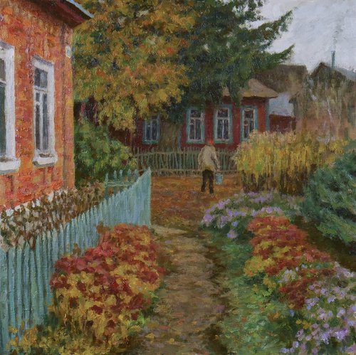 The Autumn Yard - autumn landscape painting by Nikolay Dmitriev
