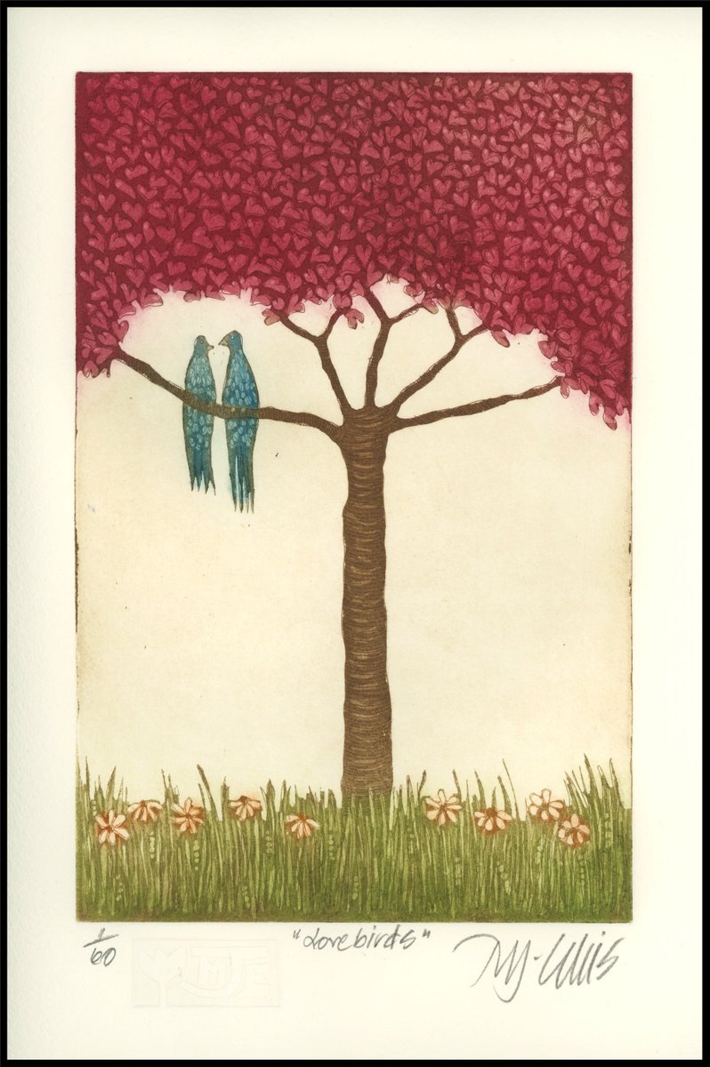 Lovebirds, aquatint etching by Mariann Johansen-Ellis
