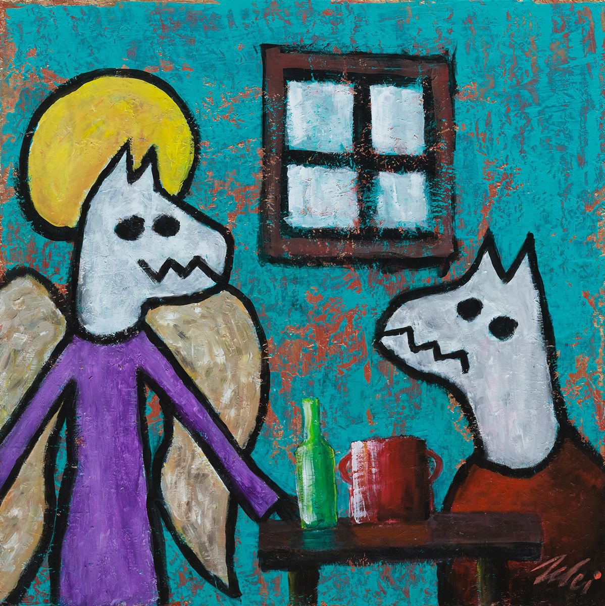 Naive Animal Acrylic Painting By Peter Zelei, 20 X 20", Revelation, Original Artwork
