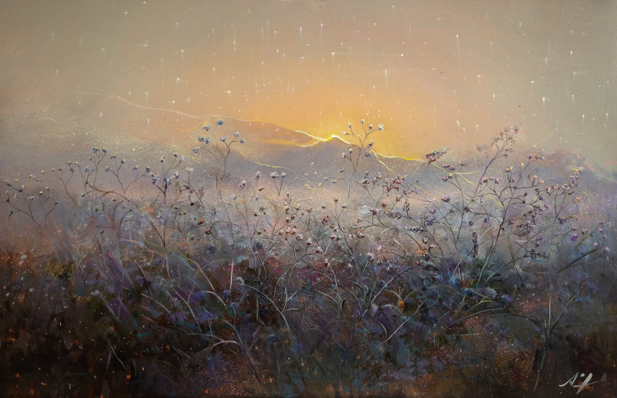 Impressionistic Landscape Oil Painting By Aleksandr Jerochin, 47 X 31, The Morning Starlights, Original Artwork