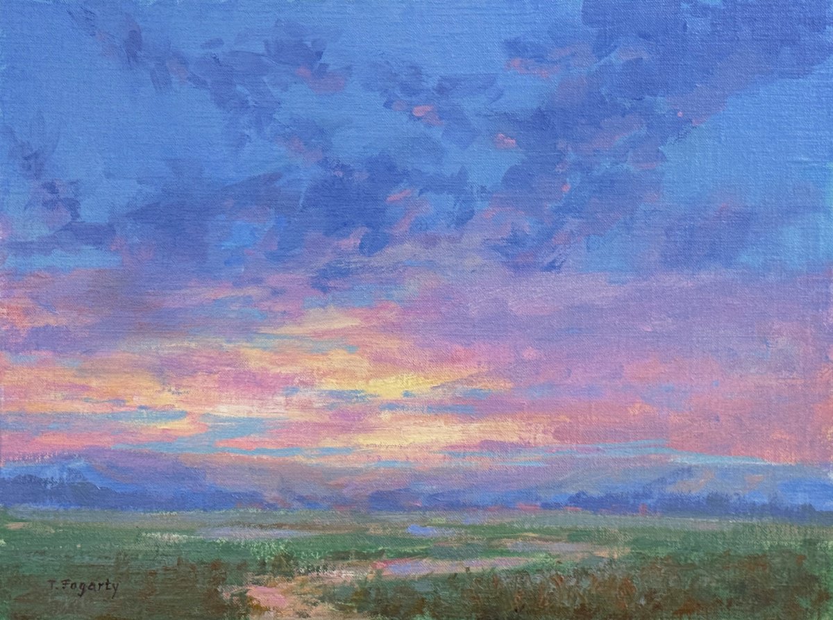 Impressionistic Landscape Oil Painting By Tatyana Fogarty, 16 X 12", Crimson Horizon Sunset, Original Artwork