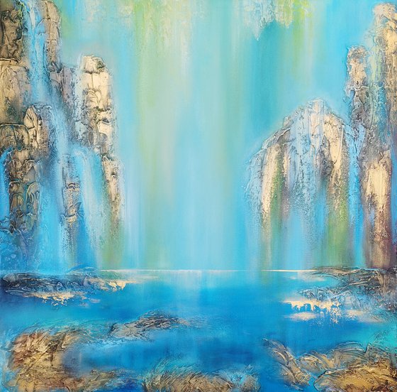 A large modern structured semi-abstract mixed-media painting "Waterfall"