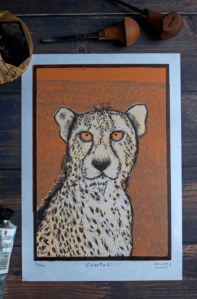 Cheetah - Original Limited Edition Linocut (unframed) by Faisal Khouja