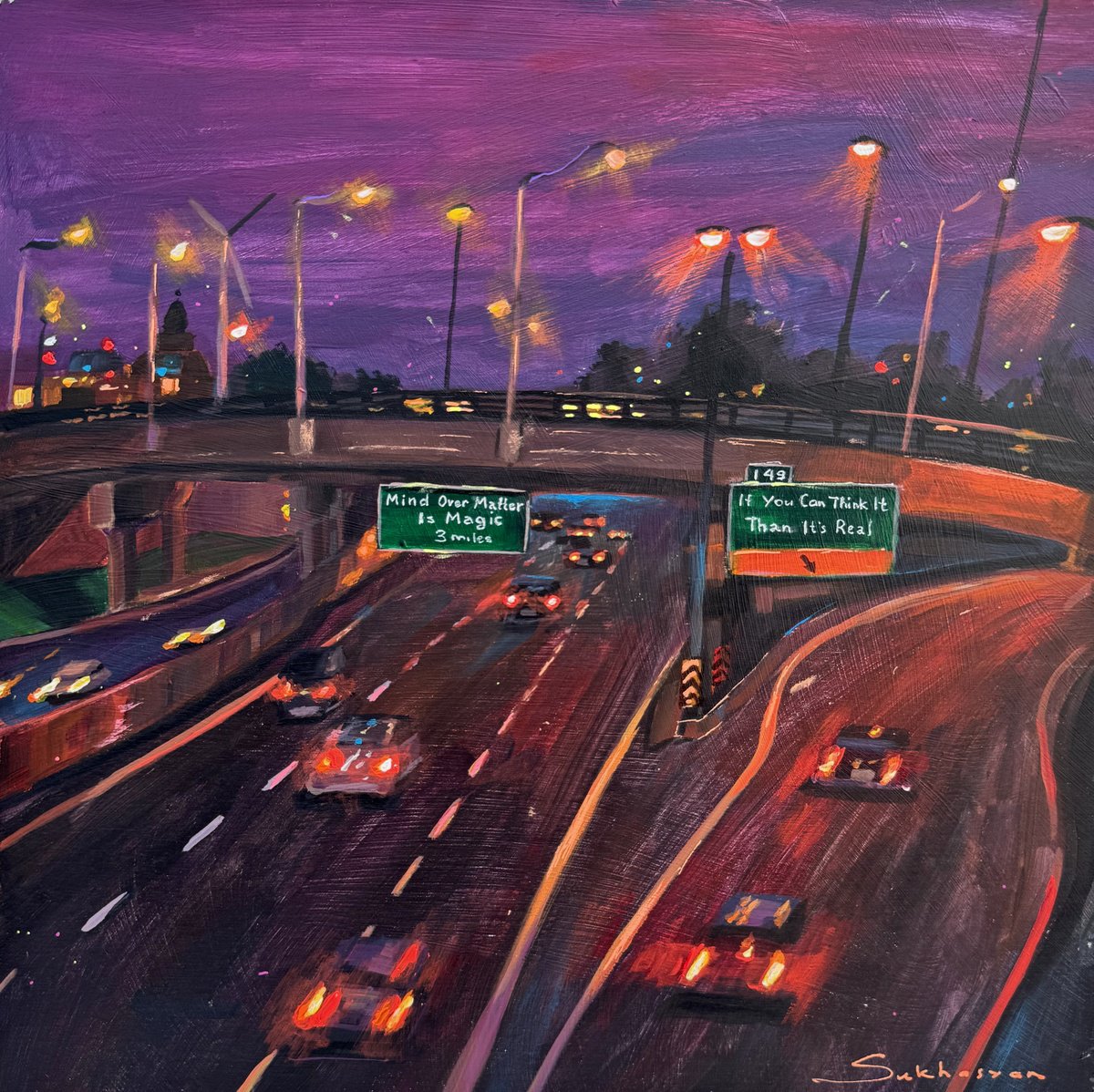 Impressionistic Cityscapes Acrylic Painting By Victoria Sukhasyan, 12 X 12", Freeway At Night, Original Artwork