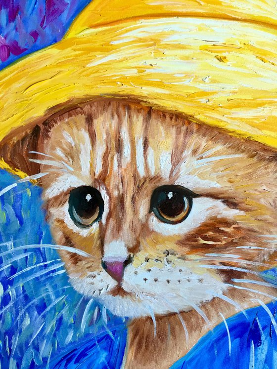 Cat La Van Gogh in a straw hat modern oil painting feline art Van Gogh influence art for animal lovers