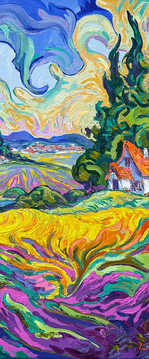 Provence Morning - Lavender and Cypress Trees by Vitaly Leshukov Soldatov