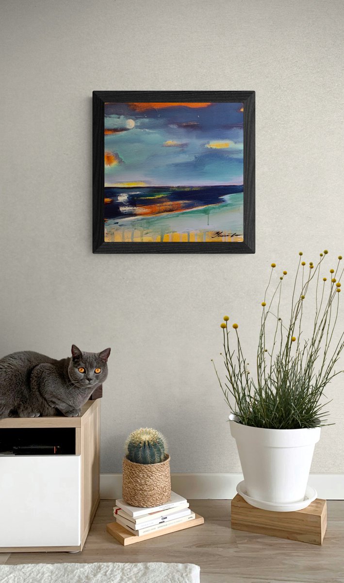 Expressive Landscape Acrylic Painting By Yaroslav Yasenev, 12 X 12", Orange Sky, Original Artwork