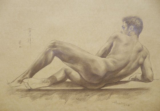 original art drawing pencil  male nude man on brown paper #16-6-1
