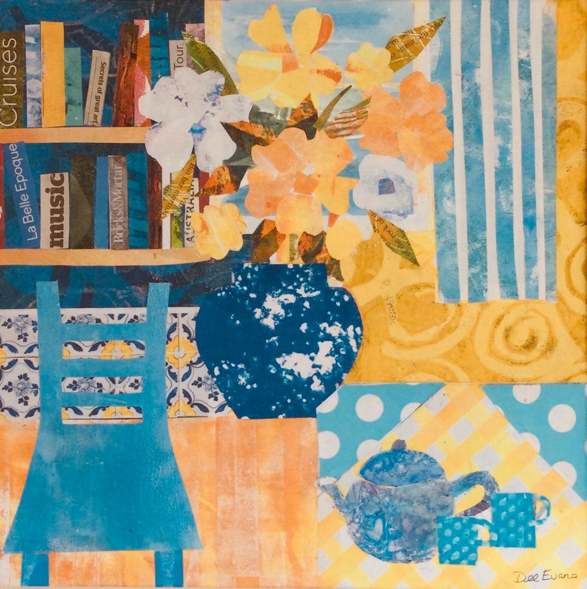 Still Life Collage By Dee Evans, 18 X 18, Bookworm Corner, Original Artwork