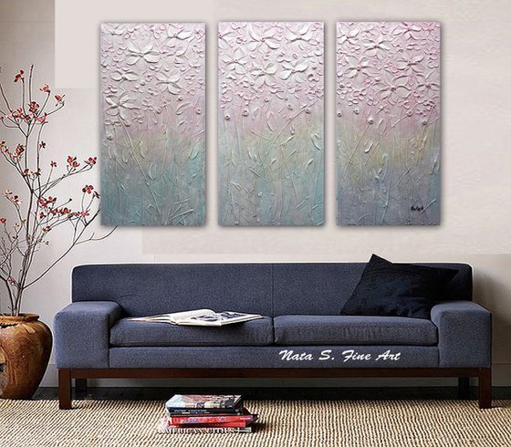 Pink Blossom - Textured Floral Art, Pink Blue Triptych of Flowers