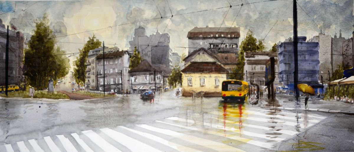 Slavija square, Belgrade, Serbia - unique watercolor landscape by Nenad Kojic by Nenad Kojic watercolorist