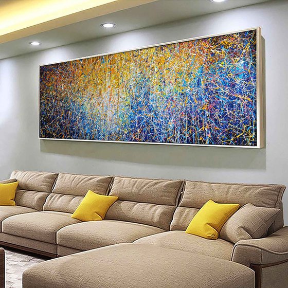 Large Yellow blue painting Navy blue abstraction Minimalist Modern yellow wall art