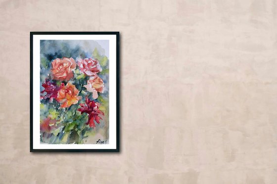Floral watercolor hand painting Roses, original artwork, nature wall art, flowers fine art,  apartment wall decor