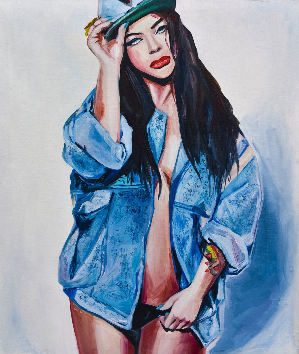 BIANKA - oil painting original gift girl in jeans jacket and baseball cup red lips naked w... by Sasha Robinson