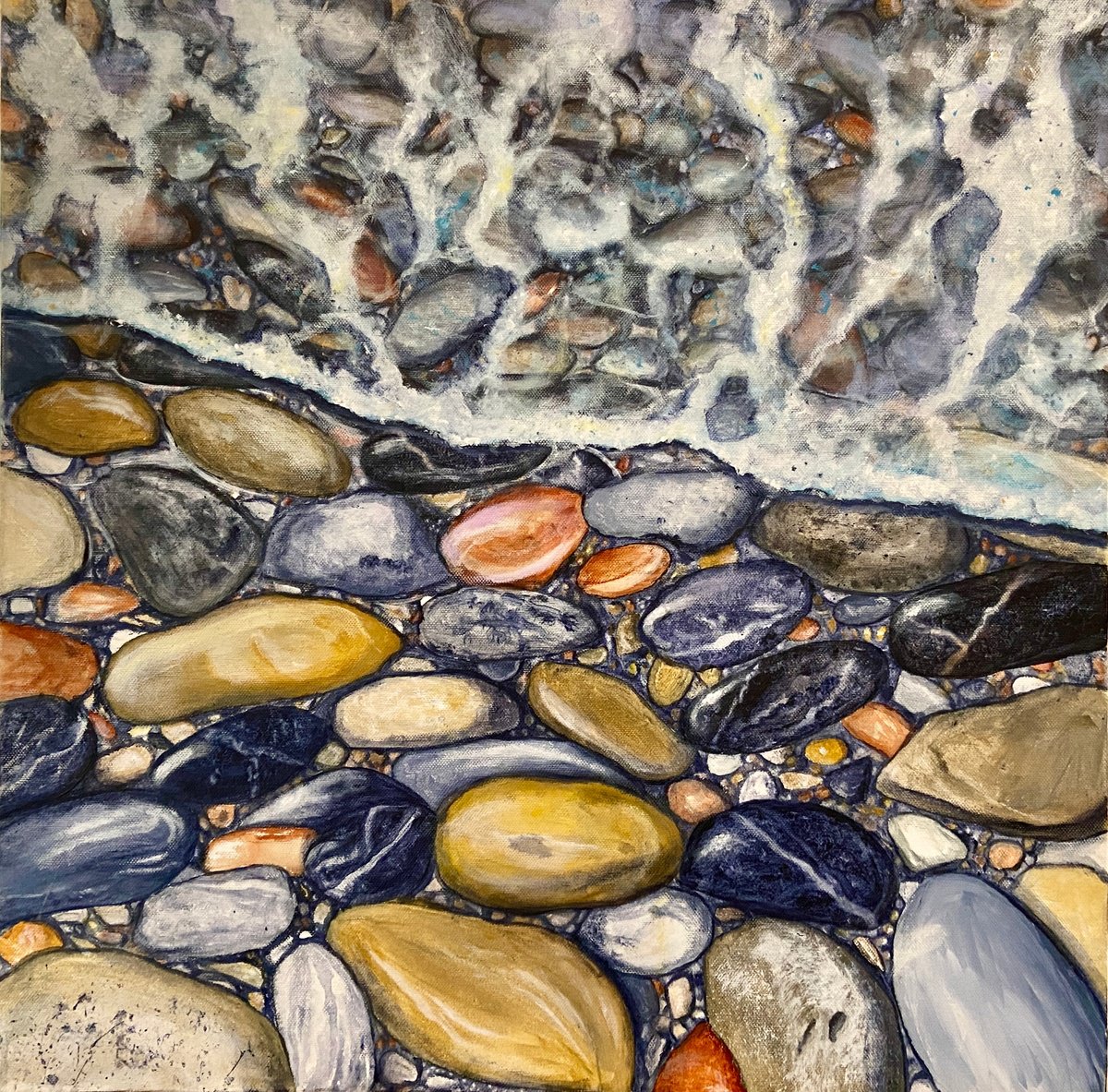 Photorealistic Landscape Acrylic Painting By Heather Matthews, 24 X 24, Pebbles, Original Artwork