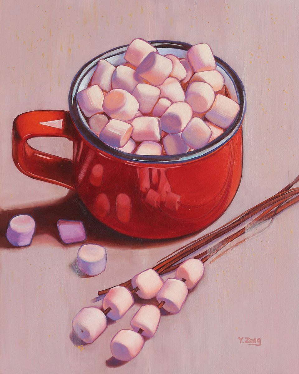 Hot chocolate with marshmallow in red mug by Yue Zeng