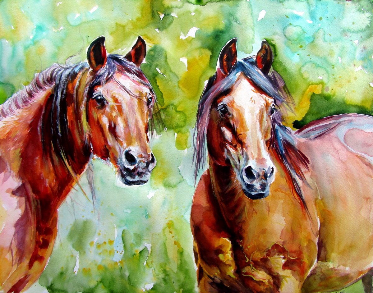 Impressionistic Watercolour , Horse Friendship By Kovacs Anna Brigitta, 25 X 20, Artwork For Sale On Artfinder