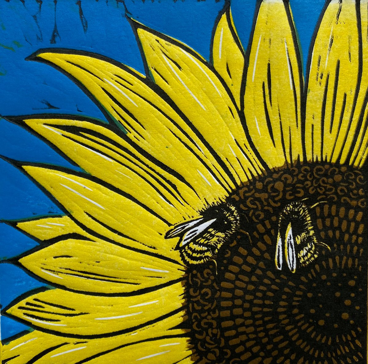 Limited edition handmade Linocut. Sunflower with Bees. 3 of 75 by Jane Dignum