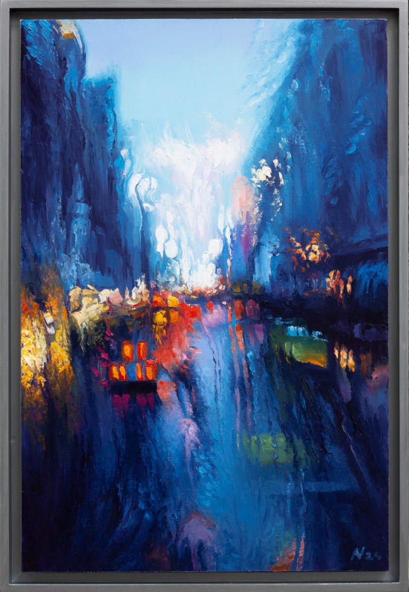 Abstract Cityscapes Oil Painting By Oleksii Vylusk, 17 X 25", Abstract Cityscape 15 (Rain), Original Artwork