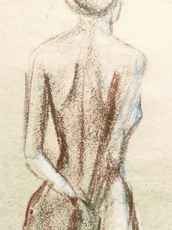 Nude. Sketch. Original pastel drawing on beige paper